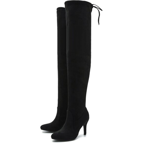 Women Black Suede Pointed Toe Over The Knee Thigh High Stiletto Heel Boot - Picture 2 of 9
